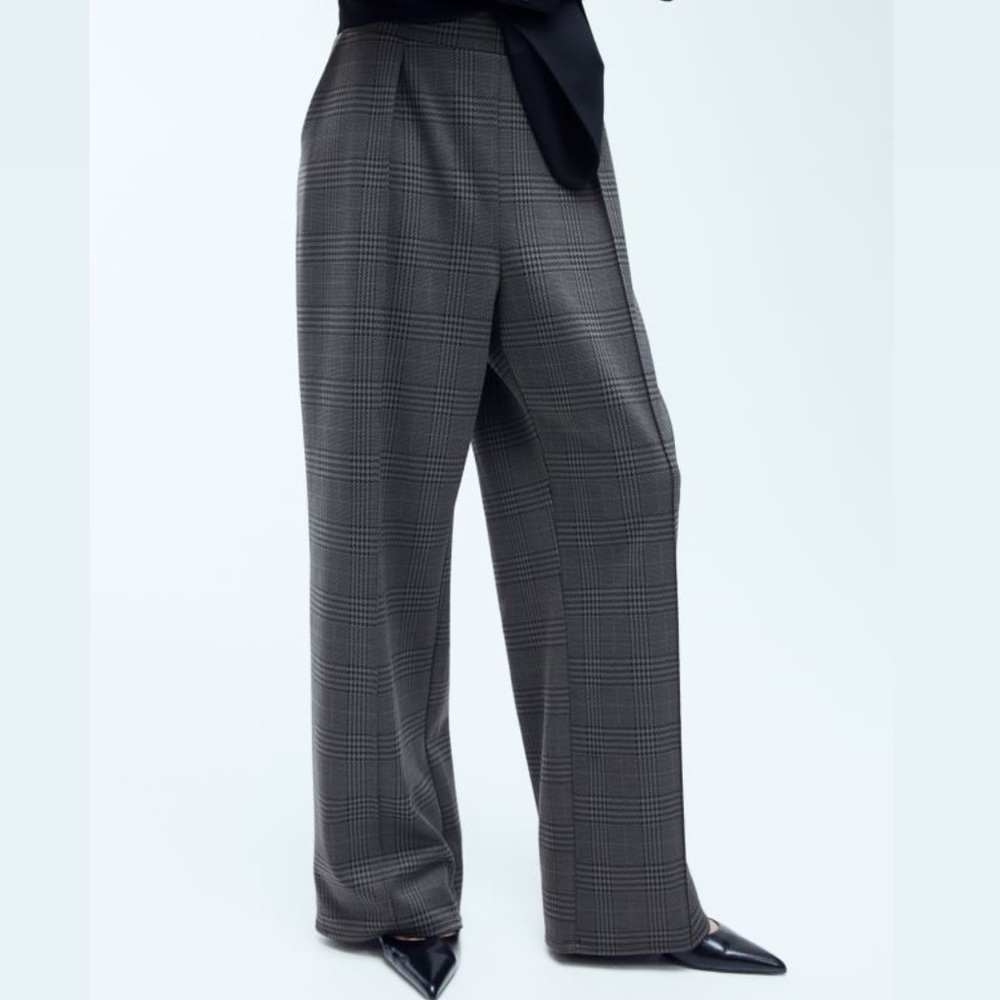 H&M High Waist Grey Black Houndstooth Plaid Wide Leg Pull On Trousers Pants NWT